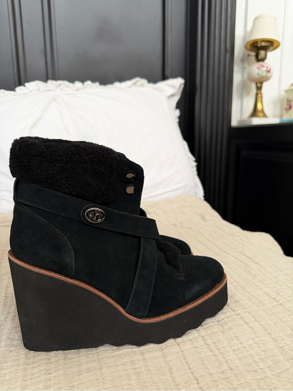 Coach Black Suede Wedge Ankle Boots with Shearling Cuff